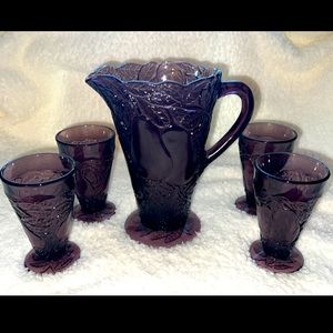 Tiara Indiana Glass Amethyst pitcher and glasses